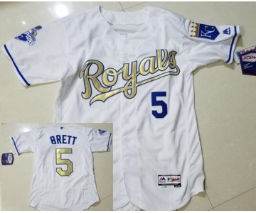 Men's Kansas City Royals #5 George Brett Retired White World Series Champions Gold Program Flex Base Jersey