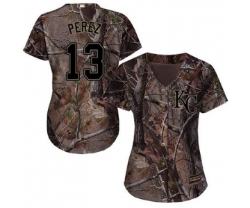 Kansas City Royals #13 Salvador Perez Camo Realtree Collection Cool Base Women's Stitched Baseball Jersey