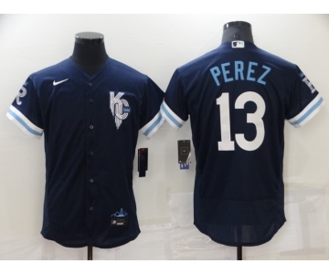 Men's Kansas City Royals #13 Salvador Perez 2022 Navy City Connect Flex Base Stitched MLB Jersey