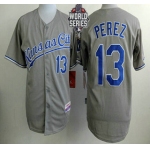 Men's Kansas City Royals #13 Salvador Perez Gray Away Baseball Jersey With 2015 World Series Patch