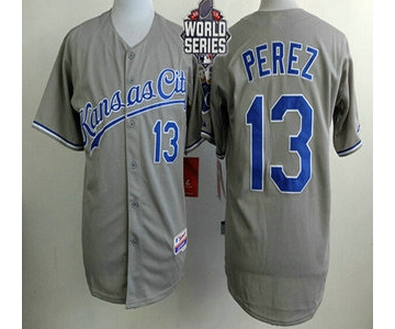 Men's Kansas City Royals #13 Salvador Perez Gray Away Baseball Jersey With 2015 World Series Patch