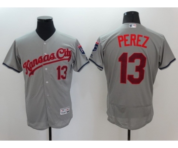 Men's Kansas City Royals #13 Salvador Perez Gray Fashion Stars & Stripes 2016 Flexbase Majestic Jersey