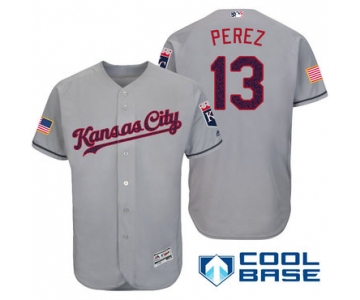 Men's Kansas City Royals #13 Salvador Perez Gray Stars & Stripes Fashion Independence Day Stitched MLB Majestic Cool Base Jersey