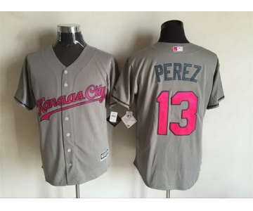 Men's Kansas City Royals #13 Salvador Perez Gray With Pink 2016 Mother's Day Baseball Cool Base Jersey