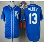 Men's Kansas City Royals #13 Salvador Perez KC Blue Alternate Baseball Jersey With 2015 World Series Patch