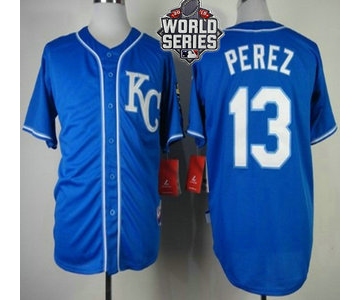 Men's Kansas City Royals #13 Salvador Perez KC Blue Alternate Baseball Jersey With 2015 World Series Patch