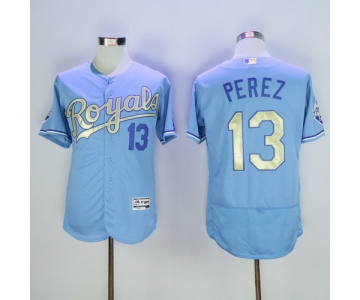 Men's Kansas City Royals #13 Salvador Perez Light Blue 2015 World Series Champions Gold Program FlexBase Jersey