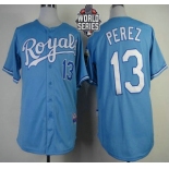 Men's Kansas City Royals #13 Salvador Perez Light Blue Alternate Baseball Jersey With 2015 World Series Patch