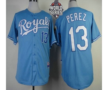 Men's Kansas City Royals #13 Salvador Perez Light Blue Alternate Baseball Jersey With 2015 World Series Patch