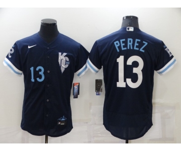 Men's Kansas City Royals #13 Salvador Perez Number 2022 Navy City Connect Flex Base Stitched MLB Jersey