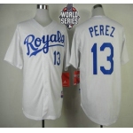 Men's Kansas City Royals #13 Salvador Perez White Home Baseball Jersey With 2015 World Series Patch