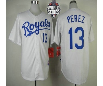 Men's Kansas City Royals #13 Salvador Perez White Home Baseball Jersey With 2015 World Series Patch