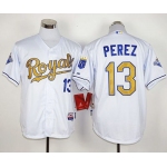 Royals #13 Salvador Perez White 2015 World Series Champions Gold Program Stitched MLB Jersey