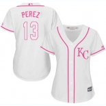 Royals #13 Salvador Perez White Pink Fashion Women's Stitched Baseball Jersey