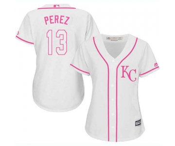 Royals #13 Salvador Perez White Pink Fashion Women's Stitched Baseball Jersey