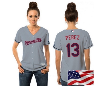 Women's Kansas City Royals #13 Salvador Perez Gray Stars & Stripes Fashion Independence Day Stitched MLB Majestic Cool Base Jersey