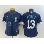 Women's Kansas City Royals #13 Salvador Perez Number 2022 Navy Blue City Connect Cool Base Stitched Jersey