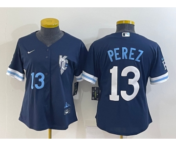 Women's Kansas City Royals #13 Salvador Perez Number 2022 Navy Blue City Connect Cool Base Stitched Jersey