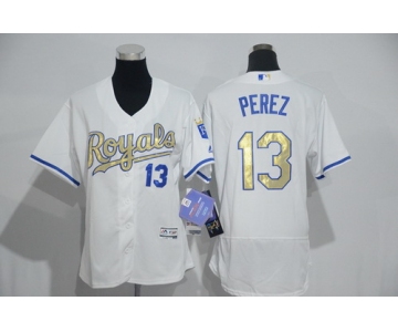 Women's Kansas City Royals #13 Salvador Perez White Champions Gold Program 2016 FlexBase Jersey