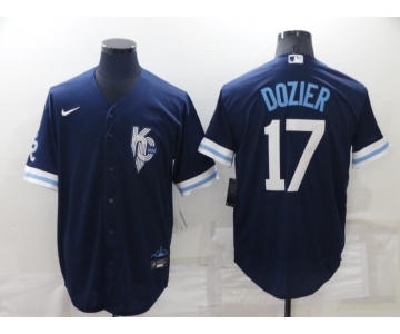 Men's Kansas City Royals #17 Hunter Dozier 2022 Navy Blue City Connect Cool Base Stitched Jersey