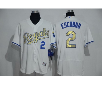 Men's Kansas City Royals #2 Alcides Escobar White World Series Champions Gold Program FlexBase Player Jersey