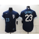 Men's Kansas City Royals #23 Zack Greinke Number 2022 Navy Blue City Connect Cool Base Stitched Jersey