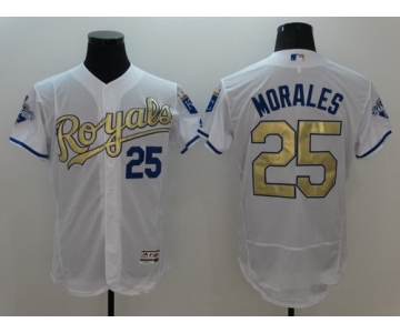 Men's Kansas City Royals #25 Kendrys Morales Majestic White World Series Champions Gold Program FlexBase Player Jersey