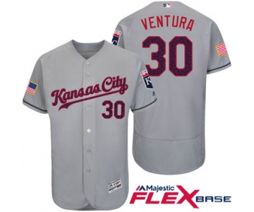 Men's Kansas City Royals #30 Yordano Ventura Gray Stars & Stripes Fashion Independence Day Stitched MLB Majestic Flex Base Jersey