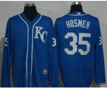 Men's Kansas City Royals #35 Eric Hosmer Navy Blue KC Long Sleeve Stitched MLB Majestic Cool Base Jersey