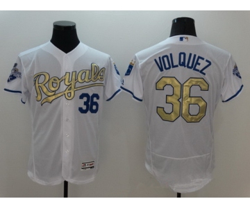 Men's Kansas City Royals #36 Edinson Volquez Majestic White World Series Champions Gold Program FlexBase Player Jersey