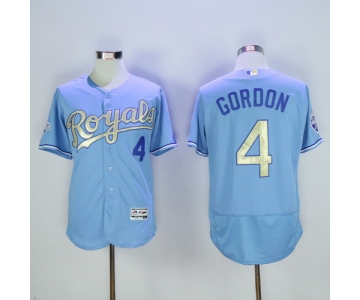 Men's Kansas City Royals #4 Alex Gordon Light Blue 2015 World Series Champions Gold Program FlexBase Jersey