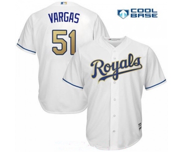 Men's Kansas City Royals #51 Jason Vargas White 2017 Gold Home Stitched MLB Majestic Cool Base Jersey