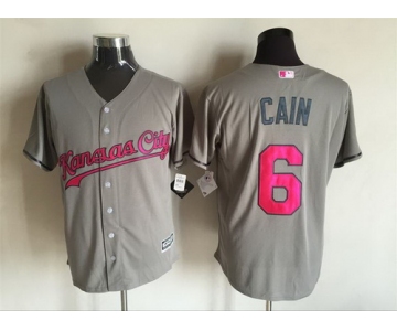 Men's Kansas City Royals #6 Lorenzo Cain Gray With Pink 2016 Mother's Day Baseball Cool Base Jersey