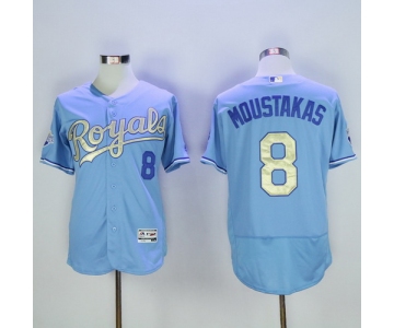 Men's Kansas City Royals #8 Mike Moustakas Light Blue 2015 World Series Champions Gold Program FlexBase Jersey