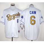 Royals #6 Lorenzo Cain White 2015 World Series Champions Gold Program Stitched MLB Jersey