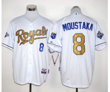 Royals #8 Mike Moustakas White 2015 World Series Champions Gold Program Stitched MLB Jersey