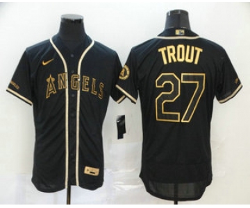 Men's Los Angeles Angels #27 Mike Trout Black With Gold Stitched MLB Flex Base Nike Jersey