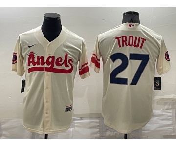 Men's Los Angeles Angels #27 Mike Trout Cream 2022 City Connect Cool Base Stitched Jersey