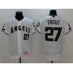 Men's Los Angeles Angels Of Anaheim #27 Mike Trout White with Green Memorial Day Stitched MLB Majestic Flex Base Jersey