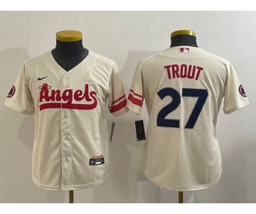 Youth Los Angeles Angels #27 Mike Trout Cream 2022 City Connect Cool Base Stitched Jersey