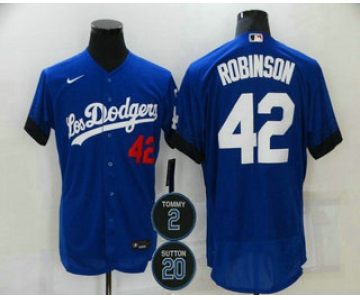 Men's Los Angeles Dodgers #42 Jackie Robinson Blue #2 #20 Patch City Connect Flex Base Stitched Jersey