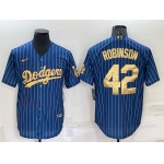 Men's Los Angeles Dodgers #42 Jackie Robinson Navy Blue Gold Pinstripe Stitched MLB Cool Base Nike Jersey