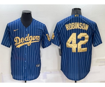 Men's Los Angeles Dodgers #42 Jackie Robinson Navy Blue Gold Pinstripe Stitched MLB Cool Base Nike Jersey