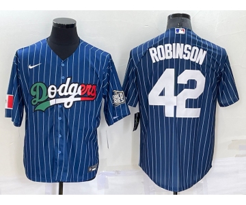 Men's Los Angeles Dodgers #42 Jackie Robinson Navy Blue Pinstripe 2020 World Series Cool Base Nike Jersey