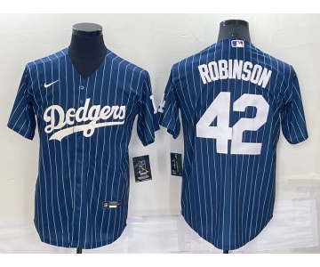 Men's Los Angeles Dodgers #42 Jackie Robinson Navy Blue Pinstripe Stitched MLB Cool Base Nike Jersey