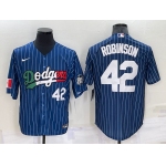 Men's Los Angeles Dodgers #42 Jackie Robinson Number Navy Blue Pinstripe 2020 World Series Cool Base Nike Jersey