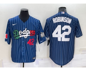 Mens Los Angeles Dodgers #42 Jackie Robinson Number Navy Blue Pinstripe 2020 World Series Cool Base Nike Jersey