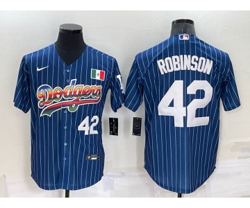 Mens Los Angeles Dodgers #42 Jackie Robinson Number Rainbow Blue Red Pinstripe Mexico Cool Base Nike Jersey