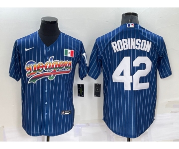 Men's Los Angeles Dodgers #42 Jackie Robinson Rainbow Blue Red Pinstripe Mexico Cool Base Nike Jersey