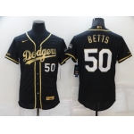 Men's Los Angeles Dodgers #50 Mookie Betts Black 2020 Champions Golden Edition Stitched Flex Base Nike Jersey